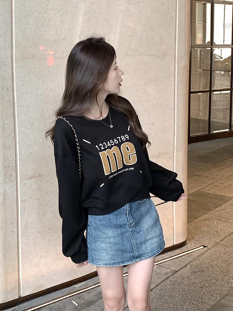 Large American Printed Round Neck Pullover Sweater - High-End, Versatile, Long Sleeve, Belly-Covering Top