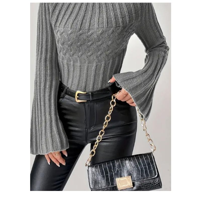 Women S Knit Sweater Pullover Round Neck Flare Sleeve Solid Color Casual Top