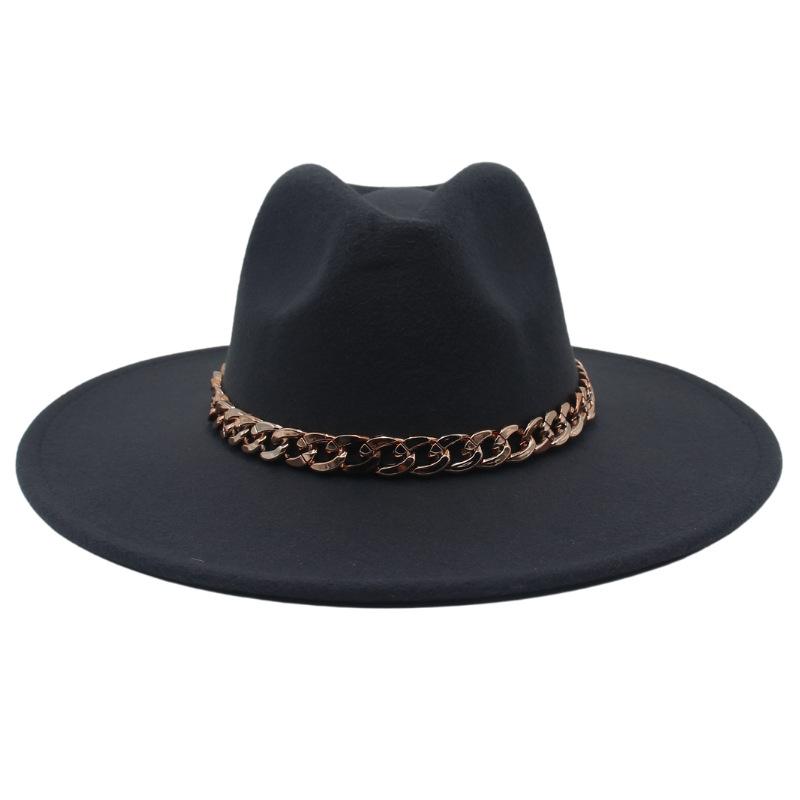 Big Brim Gold Acrylic Chain Felt Hat Solid Color Cashmere Jazz Hat French Top Hat