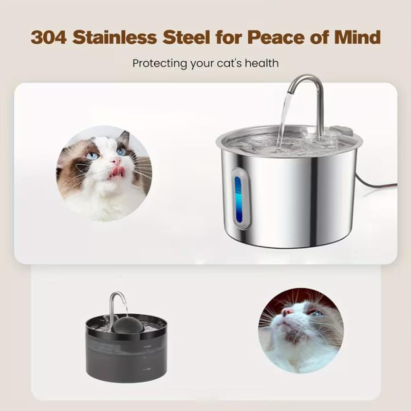 2.2L Cat Water Fountain 304 Stainless Steel Pet Water Dispenser, Cat and Dog Drinking Bowl with Visual Water Level Window