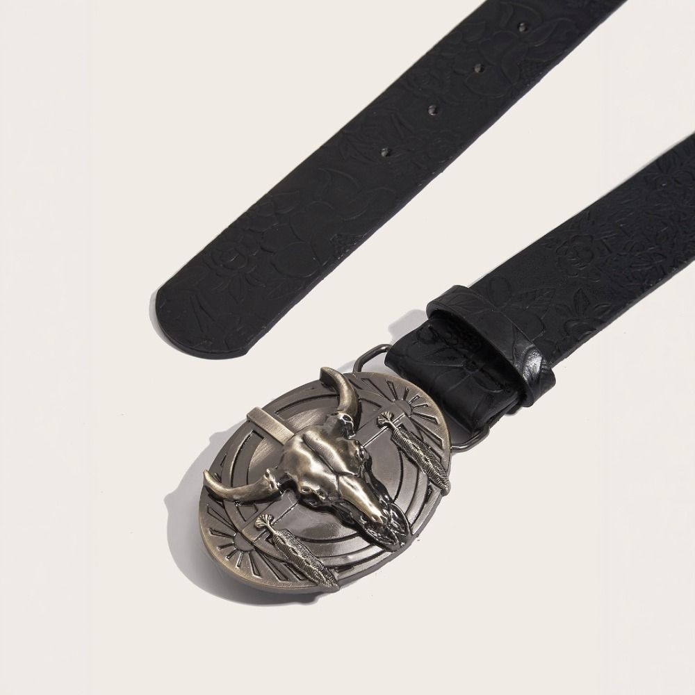 Fashion Carved Western Cowboy Belt Cow Head Buckle Retro Embossed Belt Vintage PU Leather Belt For Man Women