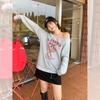 Grey Slanted Shoulder Off-the-shoulder Letter Print Long-sleeved Sweater Women's Autumn Loose Inside with Thin Lazy Style Top