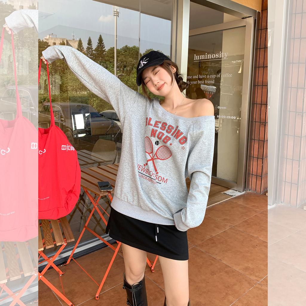 Grey Slanted Shoulder Off-the-shoulder Letter Print Long-sleeved Sweater Women's Autumn Loose Inside with Thin Lazy Style Top
