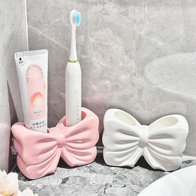 1Pc Ceramic Bow Toothbrush Holder Ornament Ceramic Toothbrush, Toothpaste Storage Rack Bathroom Accessories Brush Holder