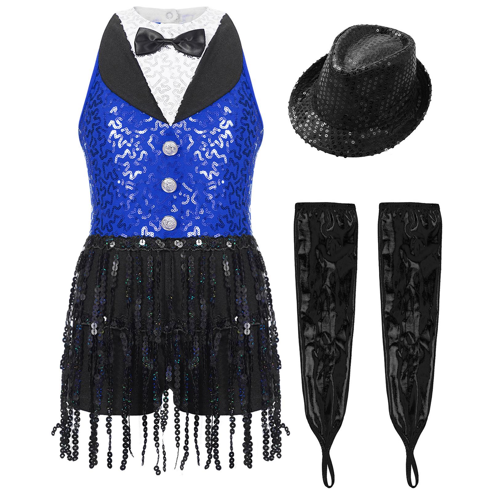 

Латинский джазовый танцевальный купальник для девочек, без рукавов, с вырезом-замочной скважиной на спине, с пайетками, кисточками, металлическими перчатками и шапочкой 11-12 Years чёрный/синий