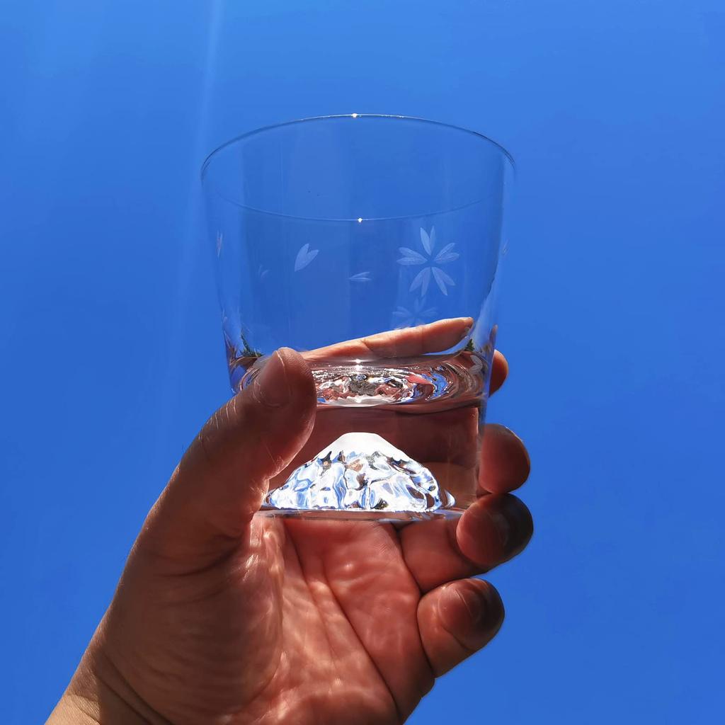 Mount Fuji rocks glass with Sakura Kiriko Comes in a paulownia wood Perfect for or Stylish and perfect as a gift for or 60th 270cc High-quality,