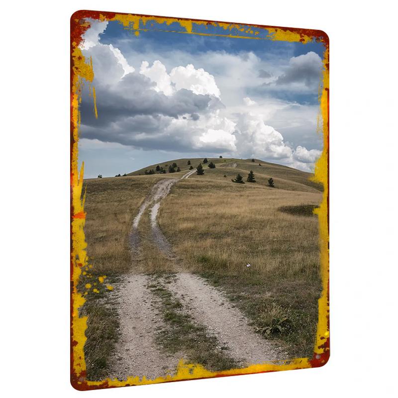 

Golden Grassland Path Scenery Metal Wall Art Modern Minimalist Home Decor Living Room Hanging Painting 20x30cm（7.8x11.8inch）
