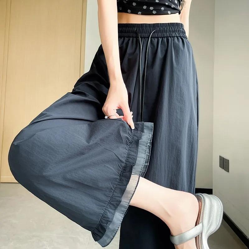 Women s Ruffle Hem Wide Leg Pants Summer Casual High Waist Drawstring S синий