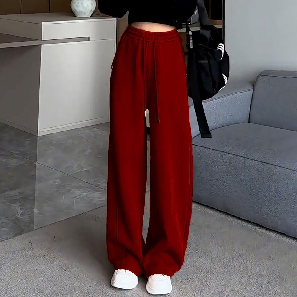 Hong Kong-Style Orange Wide-Leg Sweatpants with Drawstring Waist