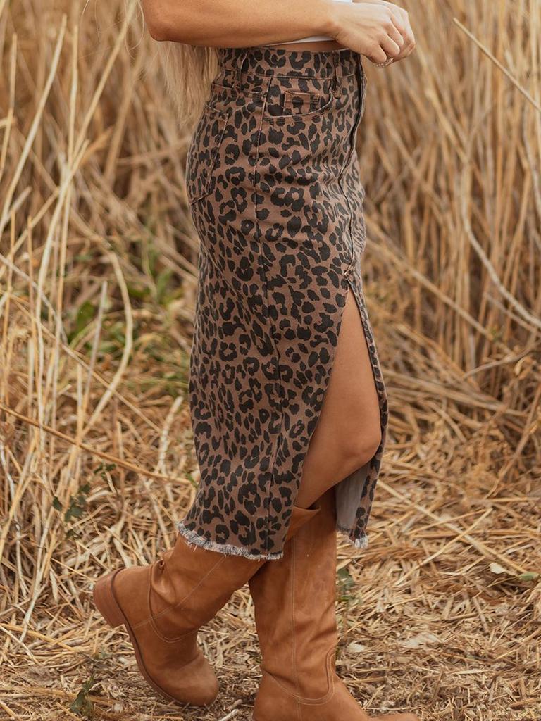 Leopard Print High-Waisted Slit Denim Midi Skirt for Women