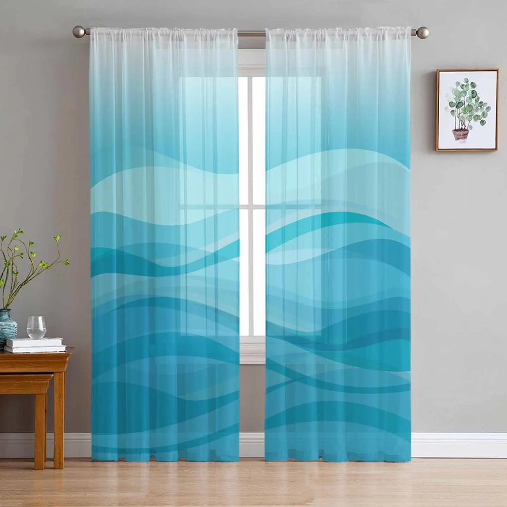 Gradient Blue Watercolour Translucent Drapes for Bedroom Space Living Room Decoration Window Drape for Kitchen Area Tulle Voile Organza Curtains