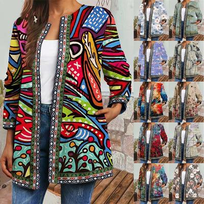 Women Fashion Vintage Ethnic Style Floral Print Plus Size Ribbon Webbing Jackets Tribal Pattern Print Cardigan Outwear