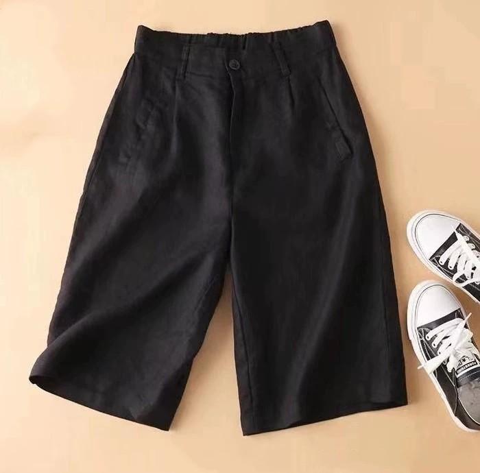 

Женские летние тонкие свободные повседневные брюки-пятиминутки с высокой талией, однотонные простые литературные широкие шорты XS чёрный