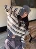 Korean Striped Wool Knit Cardigan for Women - Petite Loose Fit, Round Neck, Early Autumn Sweater Coat