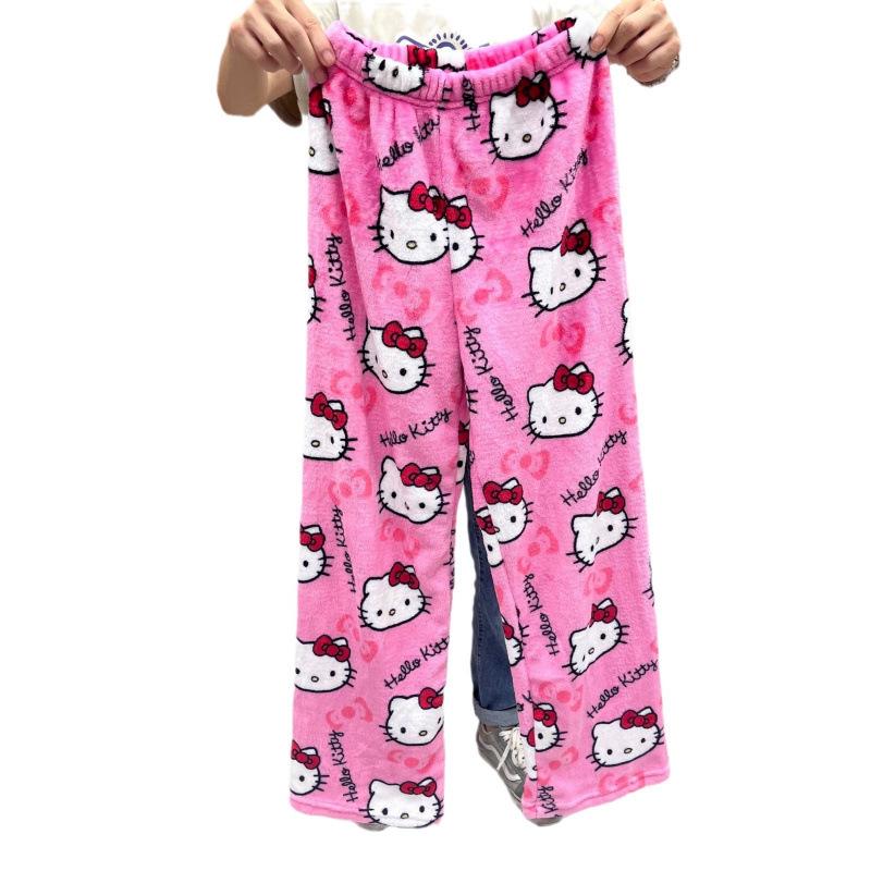 Cartoon Cat Christmas Flannel Pajama Pants for Women - Cozy Winter Kitty Fleece Lounge Wear