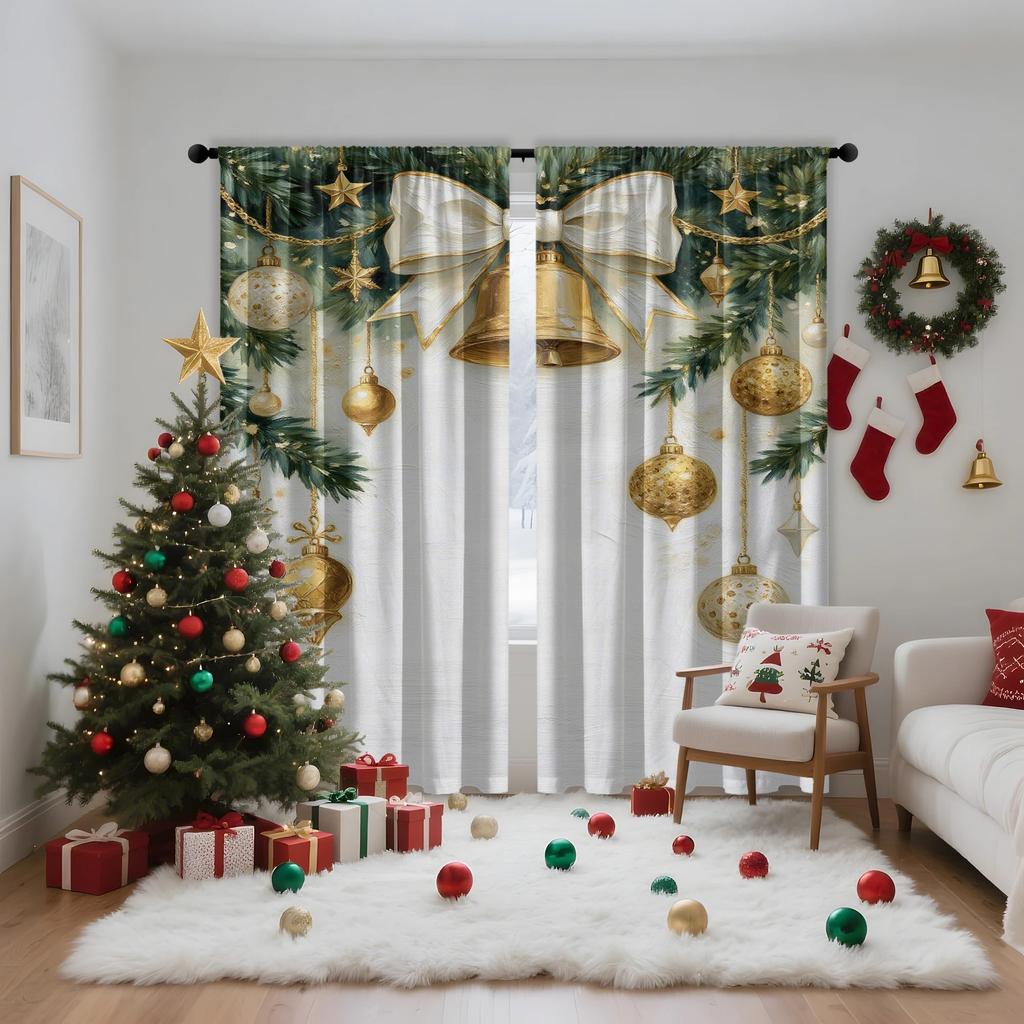 2 Stück Luxus Goldene Weihnachtsornament & Schleifenmuster Vorhänge, Entworfen zur Lichtblockierung, Premium-Material, Geeignet für Ch