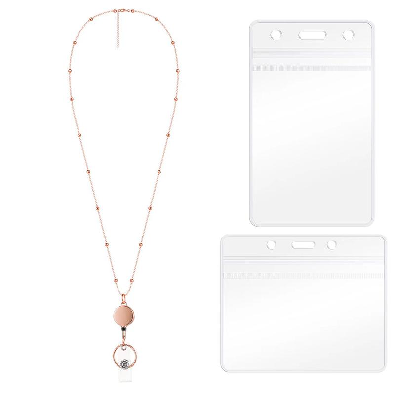 Retractable Badge Reel Lanyard Id Card Holders Plastic Chain Necklaces Keychain Clip For Women Men Employee