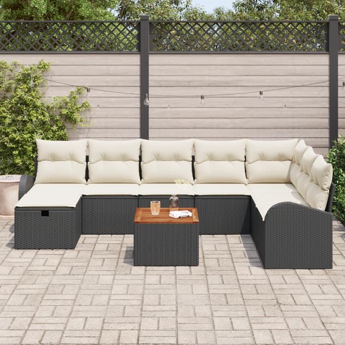 Ensemble de Canapé de Jardin 9 Pièces avec Coussins Poly Rattan Noir, Canapé de Jardin 2 Places avec Rangement et Coussins 3360855