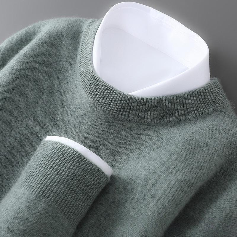Men's 100% Pure Wool Round Neck Loose Pullover Sweater - Plus Size Cashmere Knit Base Layer for Autumn/Winter