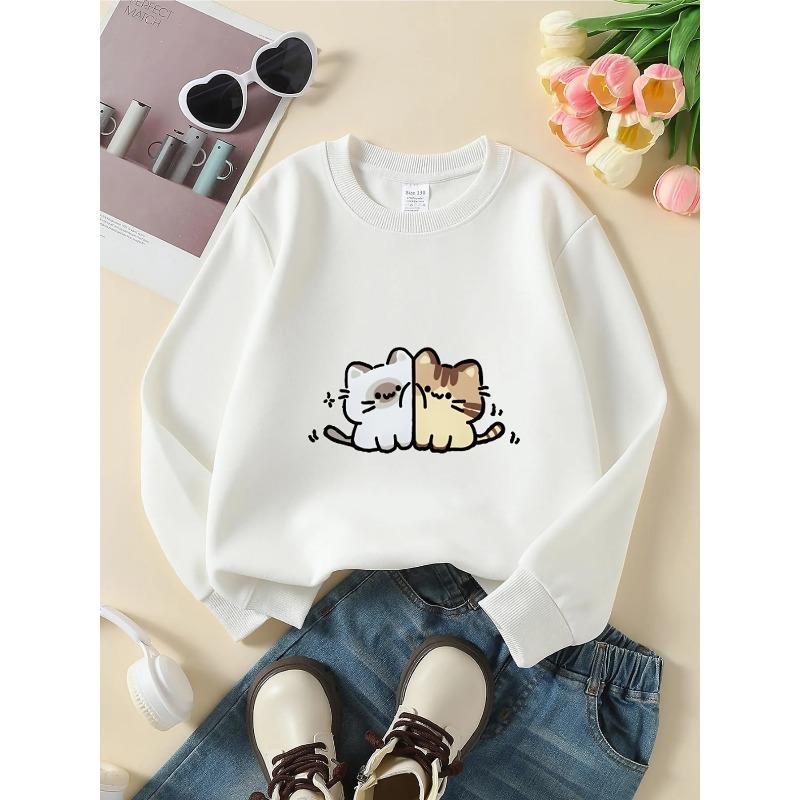 European sizes Girls Crewneck Sweatshirt with Cute Cat Couple Keychain Design,Soft and Comfortable, Slight Stretch, Casual Sportswear 110