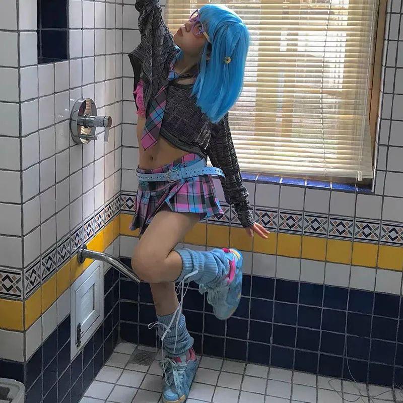 Preppy Style Pink Plaid Mini Skirts Women American Retro Y2k Kawaii Streetwear Embroidery A Line Skirts E-girl