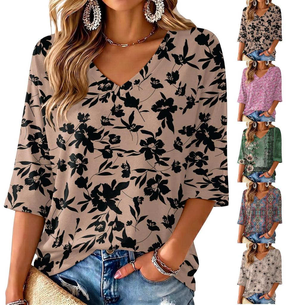 Women's Floral Print V-Neck Blouse Lightweight for Spring and Summer