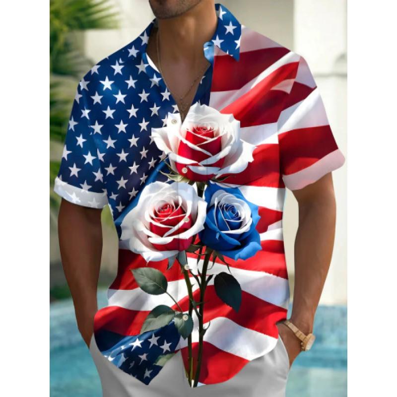 Mens Short Sleeve Casual Shirt Vintage Hawaiian Print Loose Fit Streetwear