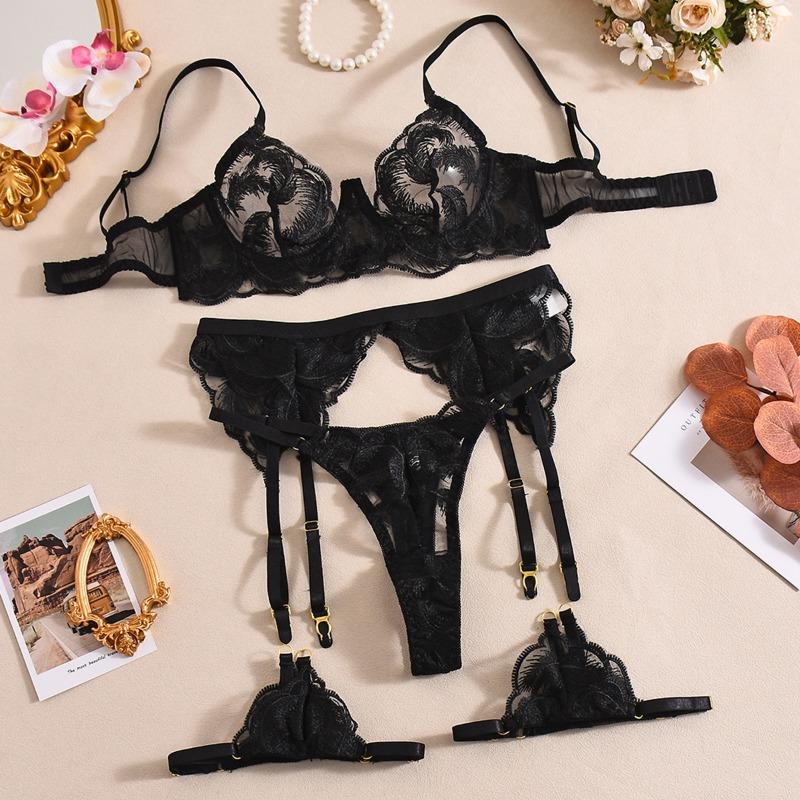 

Позиционирование перьев вышитый цветами бюстгальтер сложный сексуальный комплект нижнего белья XL чёрный