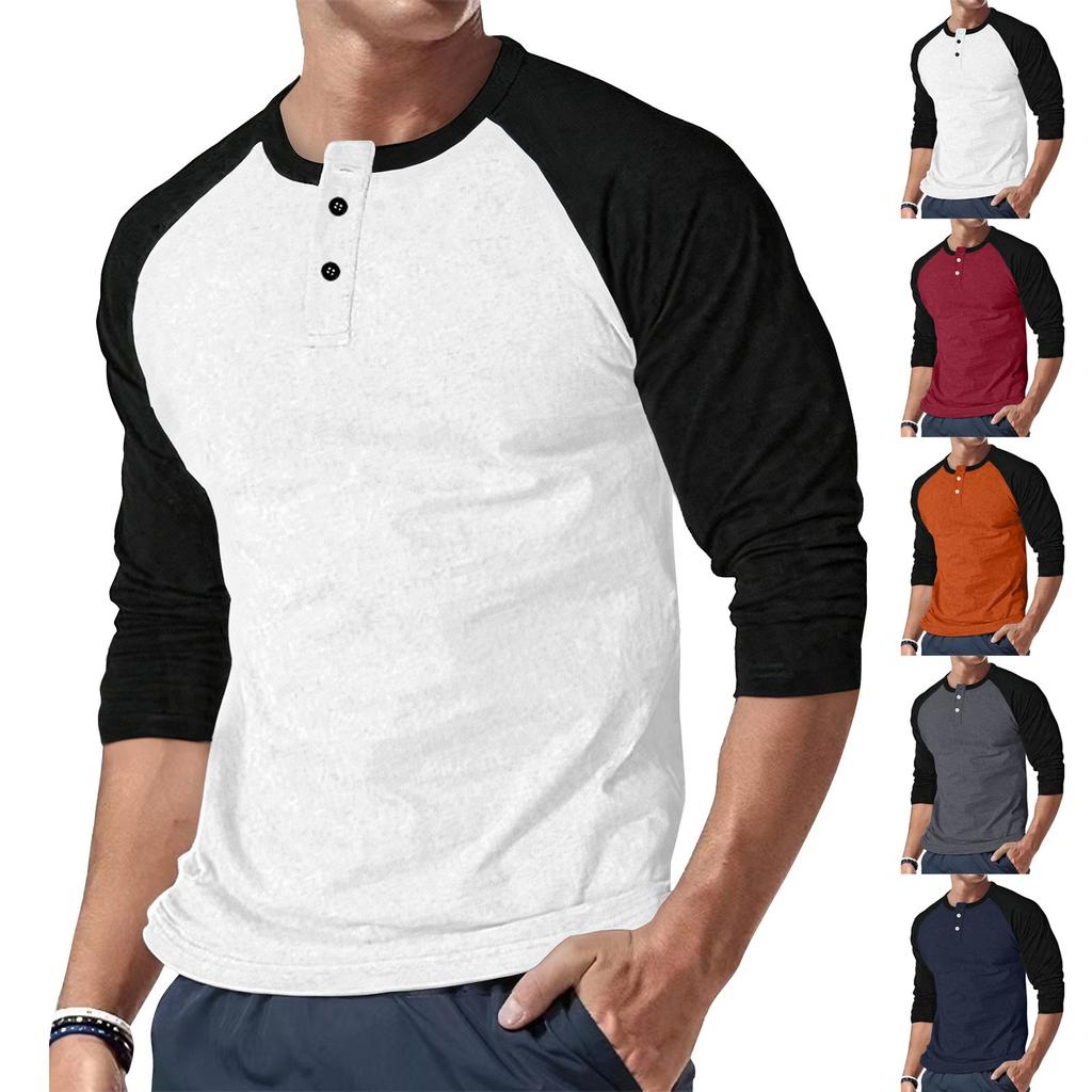 Men's Casual Button-neck Two-tone Shoulder Long Sleeve Top
