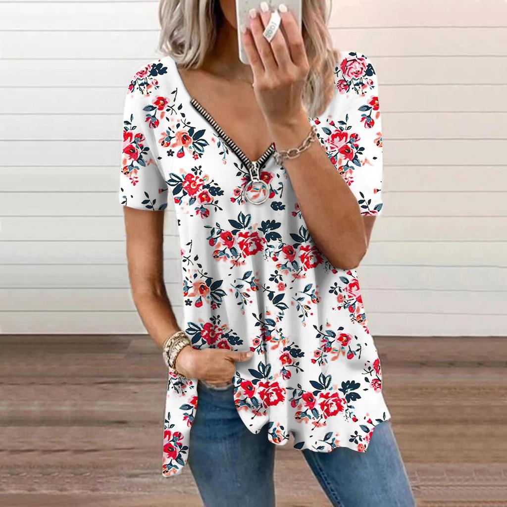 Top de damă de vară, modă nouă, frumos, cu trandafiri roșii imprimați, casual, cu fermoar, decolteu în V, mânecă scurtă