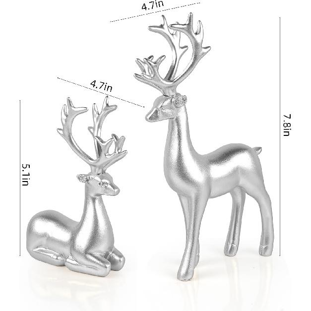 2 Pcs Christmas Reindeer Sculpture, Resin Elk Statues Deer Decorations for Home, Office, Bookshelf TV Stand, Living Room (Silver)