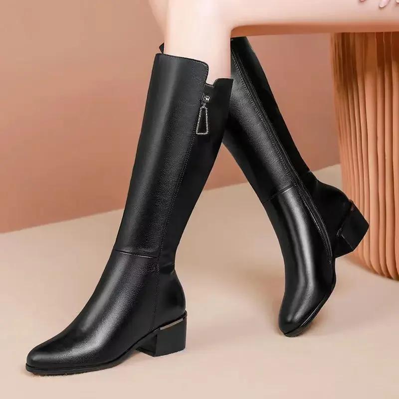 Women Boots Zipper Thick High Heels Simple Fashion Thick High Heels Autumn Winter Woman Boots Knee High Botas