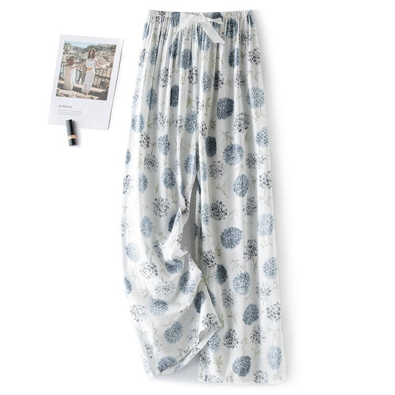 Pantaloni de pijama din bumbac mătase pentru femei, secțiune subțire de vară, anti-țânțari, pantaloni cu picior lat, culoare uni, pentru exterior, casă, petrecere a timpului liber, imprimeu, pantaloni de plajă până la genunchi