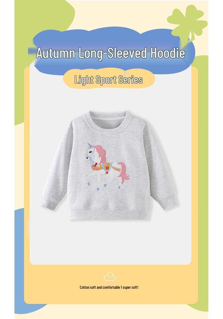 26-Year European & American Style Unicorn Embroidery Girls' Round Neck Long Sleeve Hoodie for Autumn/Winter