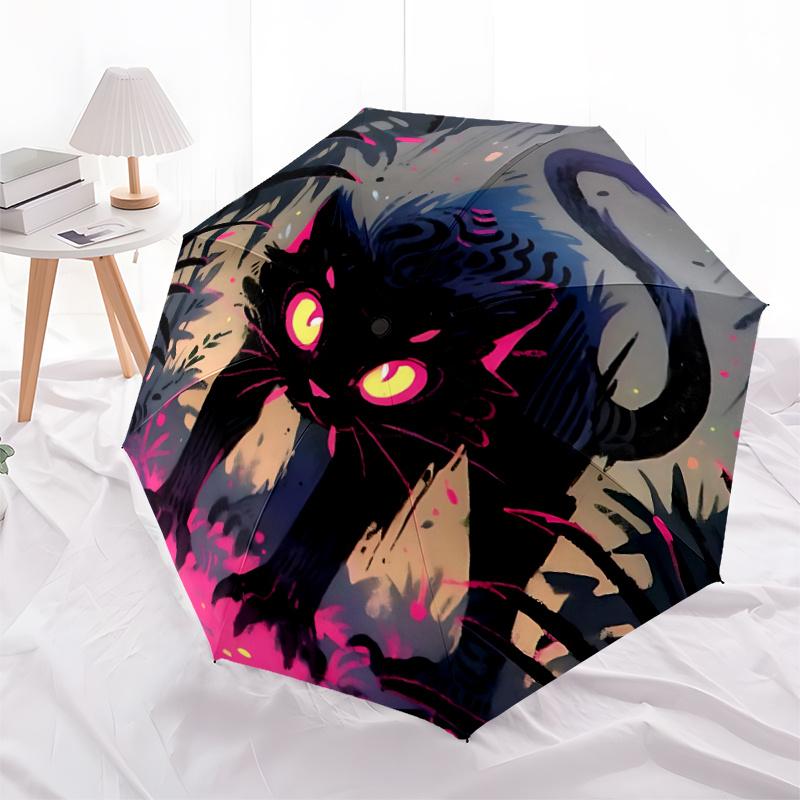 1pc Black Cat Mystical Forest Automatic Open/close Umbrella, 8-Rib sturdy structure, Portable Travel Umbrella, Parties, Everyday Use Outdoor Accessory