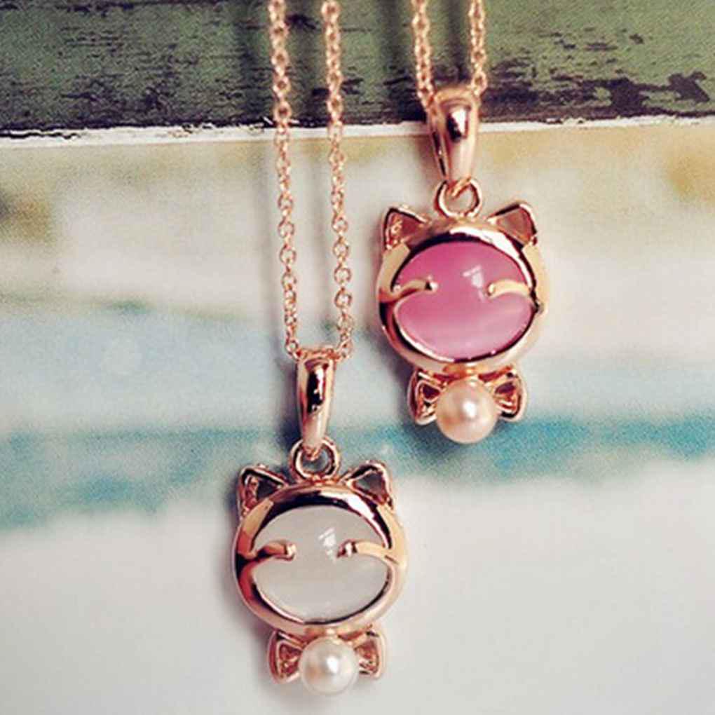 Cute Cat Crystal Pendant Women Girl Necklaces Jewelry Alloy Long Chains Jewelry