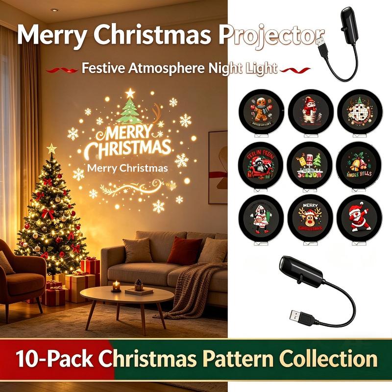 Adjustable USB Christmas Projector Light 10 HD Patterns LED Night Light for Xmas Tree Party Indoor Decor