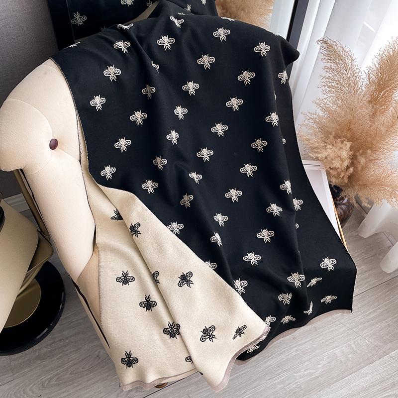 Nová módní včelí vzor Dámská žakárová pašmínová kašmírová šála Zimní tlustá hřejivá oboustranná přikrývka s kontrastní barvou