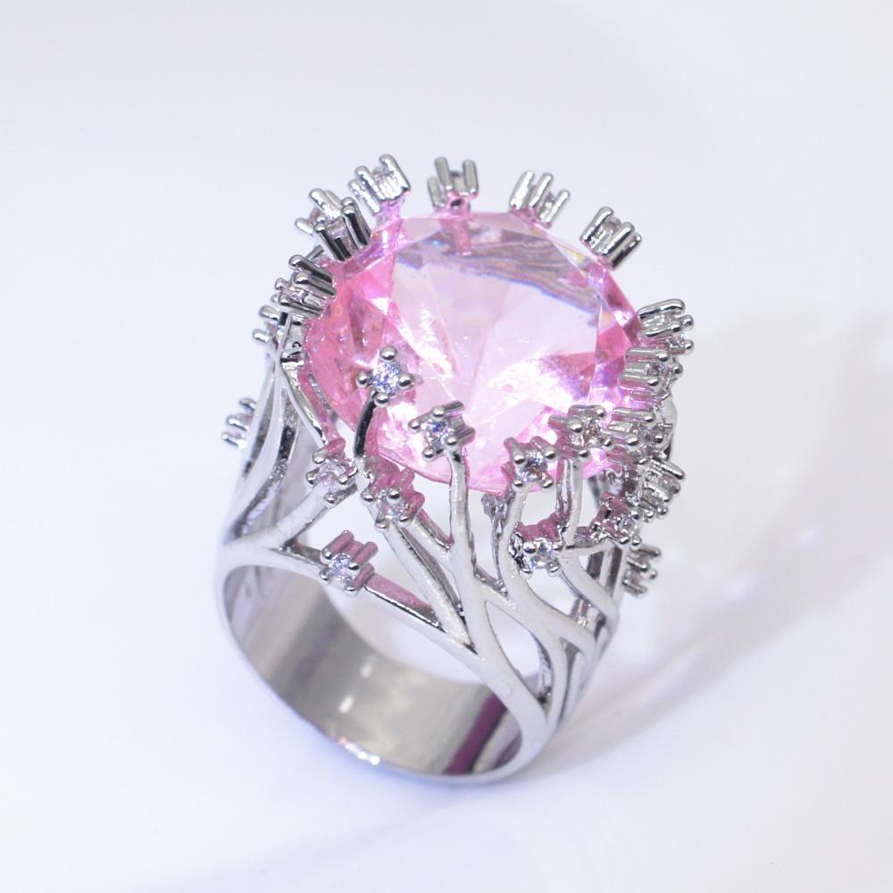 Women Pink Crystal Rings Unique Tree Branch Design with Sparkling Diamonds Trendy Accessories