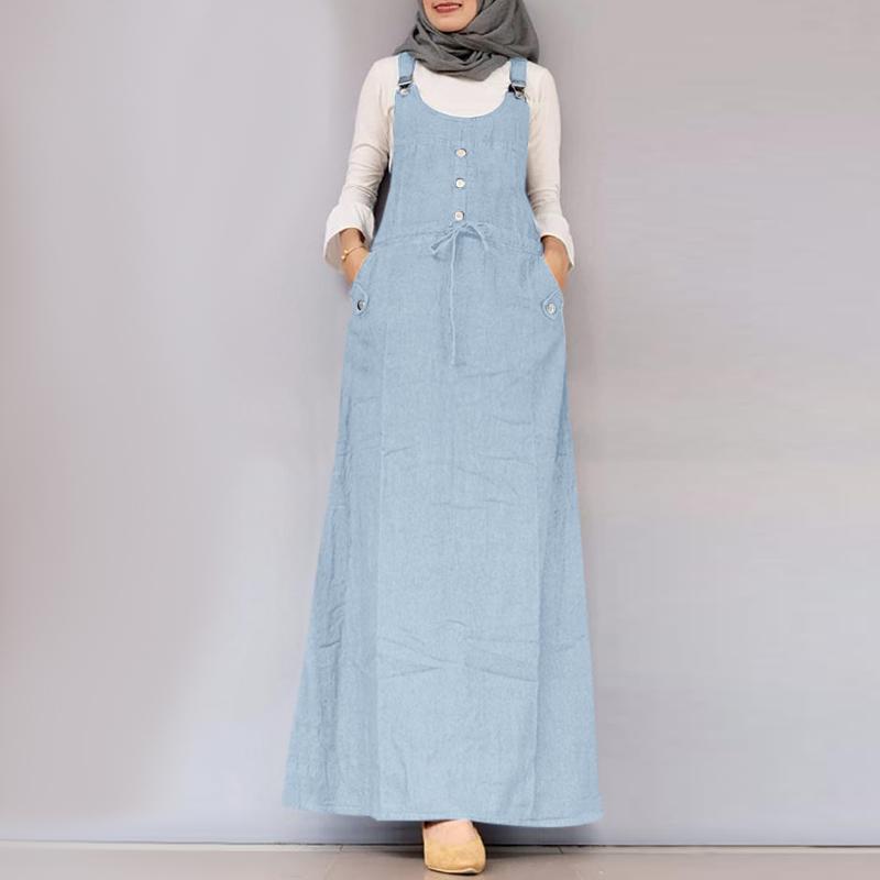 

ZANZEA Women Muslim Daily Casual Square Collar Pockets Belt Suspender Skirt 3XL світло-синій колір