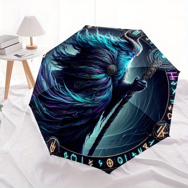 Enchanted Wizard Portrait Circular Wall Art Print Umbrella, Cute Umbrella with Cute Design, Portable 3-Fold Compact Umbrella for Men & Women, Valentin
