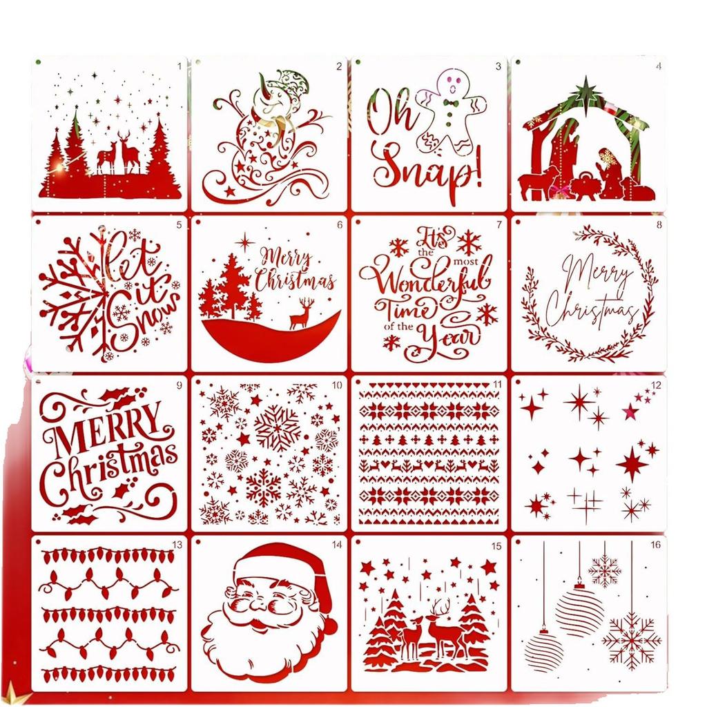 16 Pieces/set, Reusable, Winter Holiday Templates, Christmas Decorations, Christmas Painting Templates, Party Decorations, White