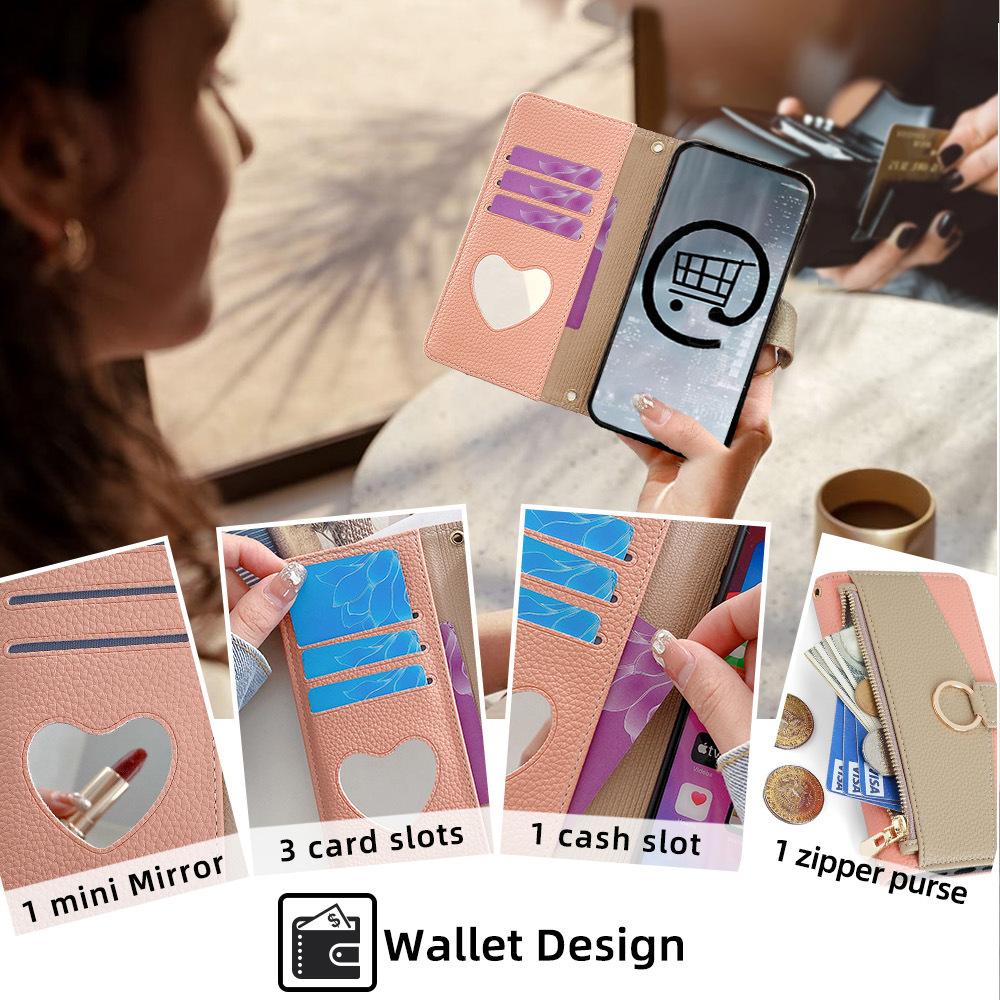 Magnetic Card Slot Mirror Leather Case for Iphone 16 Pro Max 16E 15 Plus 14 13 12 11 Long Hardware Chain Zipper Crossbody Wallet