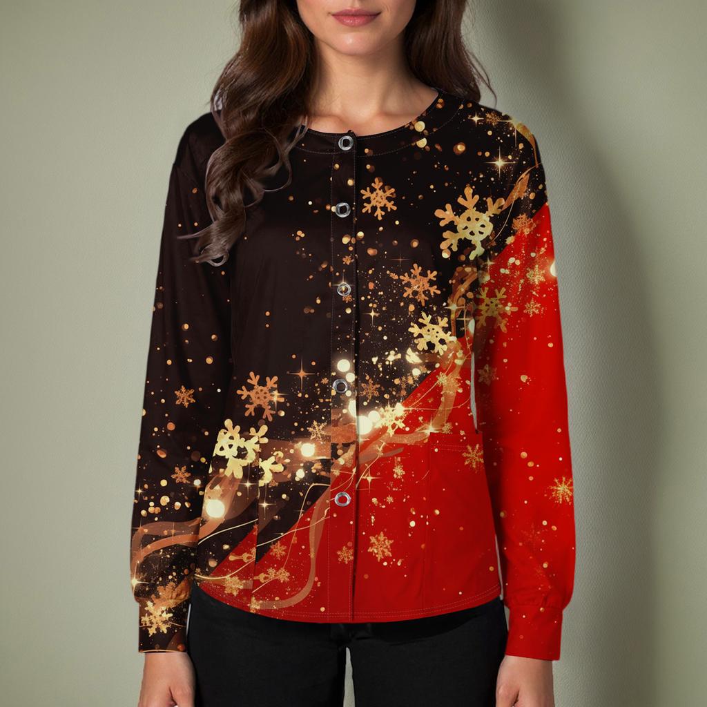 Dámský ležérní kardigan s dlouhým rukávem a jednořadým zapínáním, s vánočním potiskem, ochranný oděv