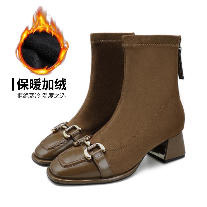 

Metal horse buckle high-heeled boots women s 2025 autumn and winter new square head thick heel medium boots women s British style thin boots 39
