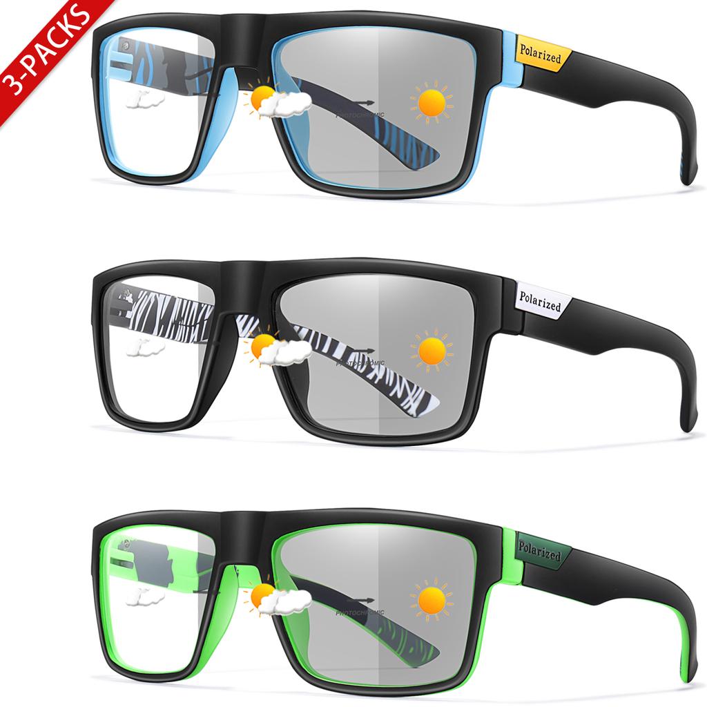 3-Pairs Classical Square Photochromic Sunglasses Outdoor Sports Cycling Running Driving Men Women Festival Party Wear Eyewear