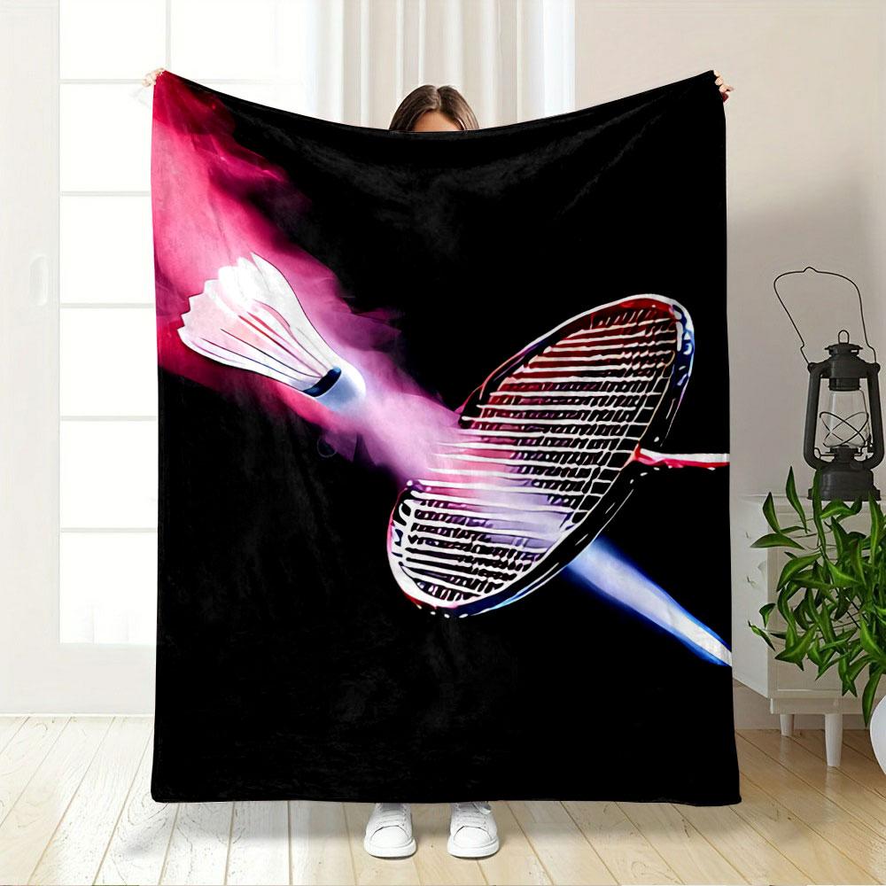 A Badminton Racket and Shuttlecock with Vibrant Red and Blue Lighting. for All Seasons Blanket Lunch Break Throw Gift