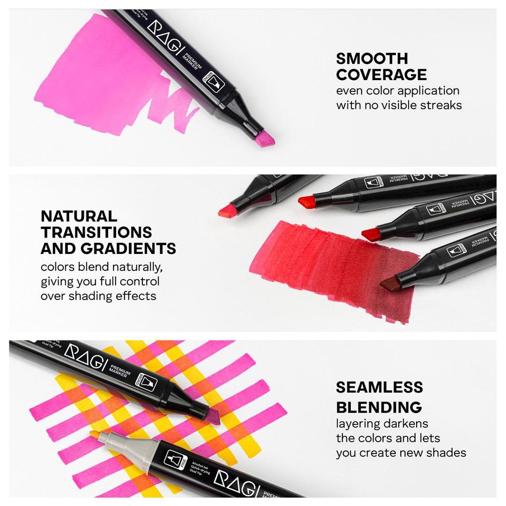 RAGI Pennarelli ad Alcool 80 Pennarelli fronte/retro, Doppia Punta, Set da Disegno Artistico Professionale