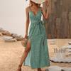 2025 Summer Floral Tie-up V-neck Spaghetti Strap Maxi Dress for Women