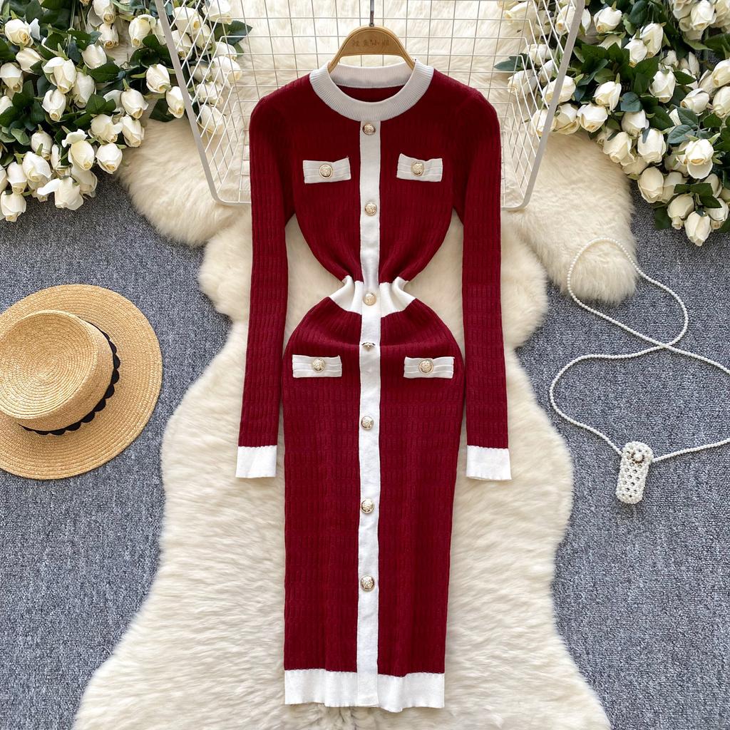 Winter Senior Retro Knitting Dress O Neck Buttons Design France Elegant Skinny Chic Female Autumn Casual Sweater Midi Dress